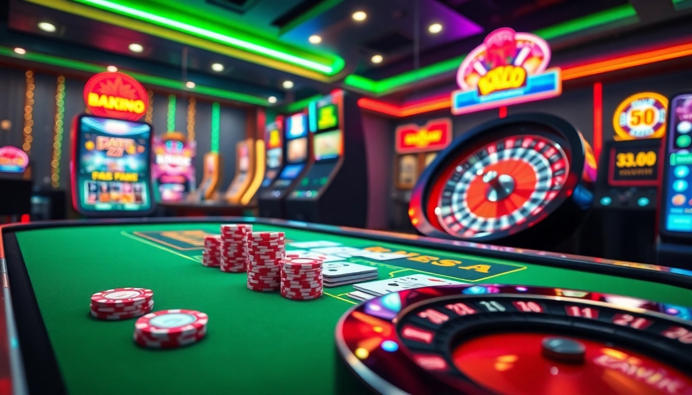 Exciting gaming scene showcasing nhà cái nohu90 with poker chips and a roulette wheel in action.