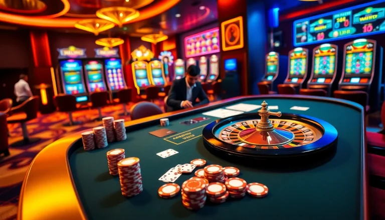 Winning strategies at Okwin casino table with poker chips and roulette wheel.
