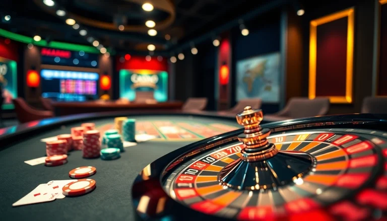 Experience top nhà cái excitement with a vibrant casino scene featuring poker chips and a roulette wheel.