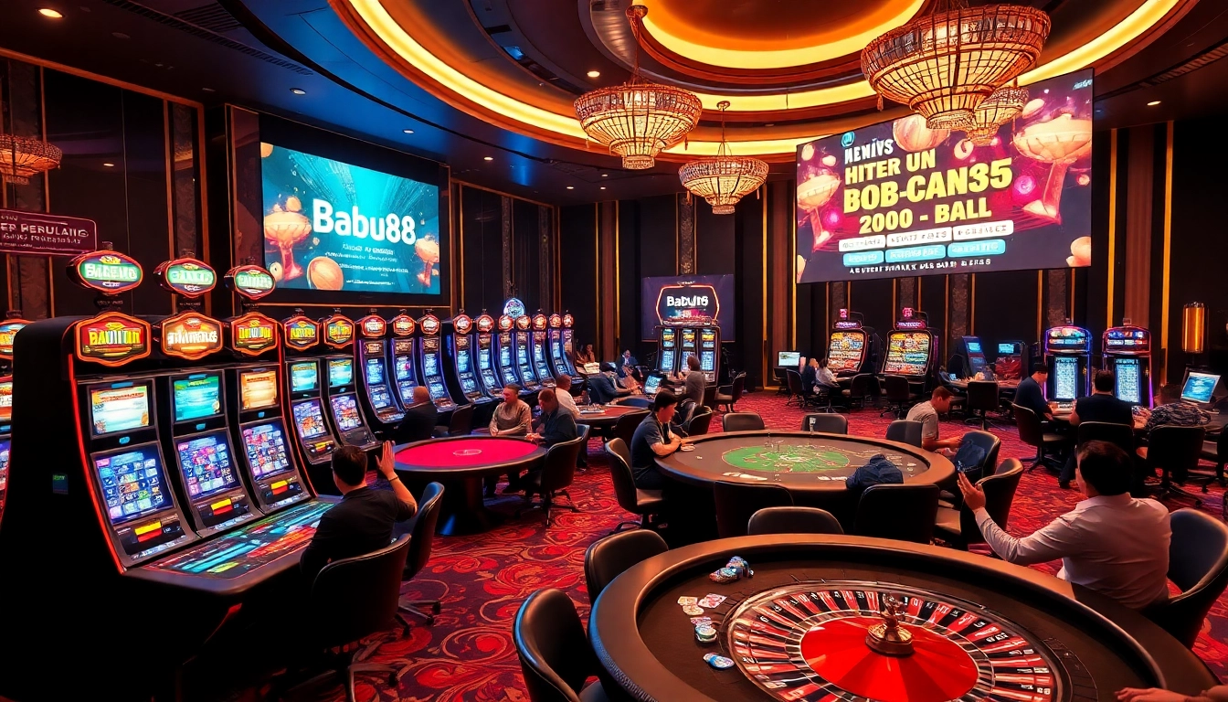 Engaged players enjoying casino games at https://babu88.global/ amidst vibrant slot machines and roulette wheels.