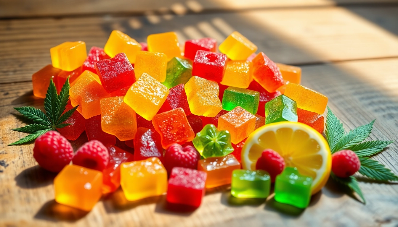 Visual of vibrant Weed Gummies arranged with fresh fruits, inviting a colorful and tasty experience.