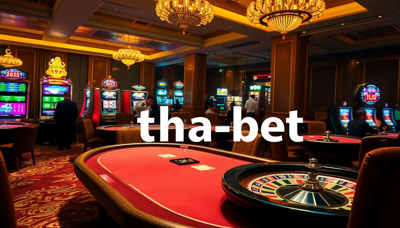 Gamble at tha-bet in a luxurious casino with vibrant slot machines and a poker table.