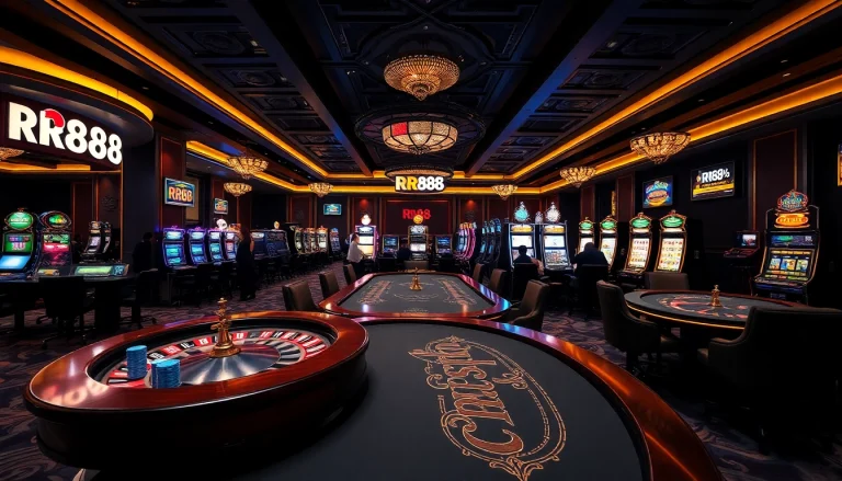 Exciting RR88 casino scene showcasing card tables and players enjoying vibrant gambling experiences.