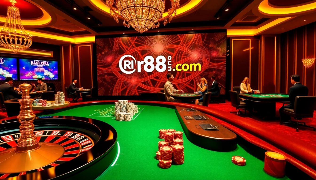 Experience excitement with rr88com's online casino games featuring a luxurious roulette wheel and vibrant poker chips.