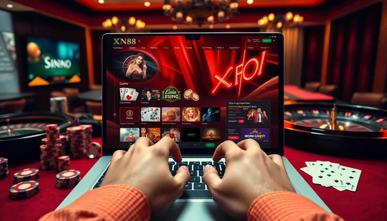 Engage in thrilling online gambling with Đăng Nhập XN88 on a sleek laptop featuring vibrant casino games.