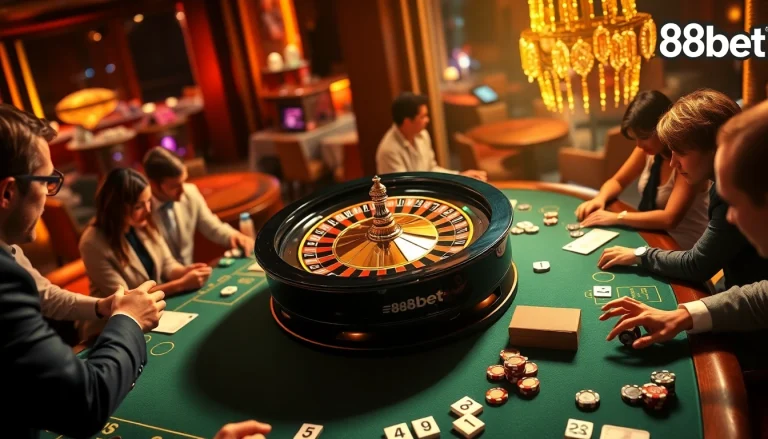 Players celebrate wins at an exciting 88bet roulette table in a luxurious casino setting.