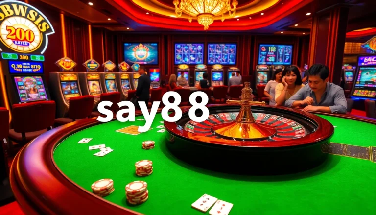 Excited players enjoying high-stakes gaming at say88 casino with poker chips and roulette table.
