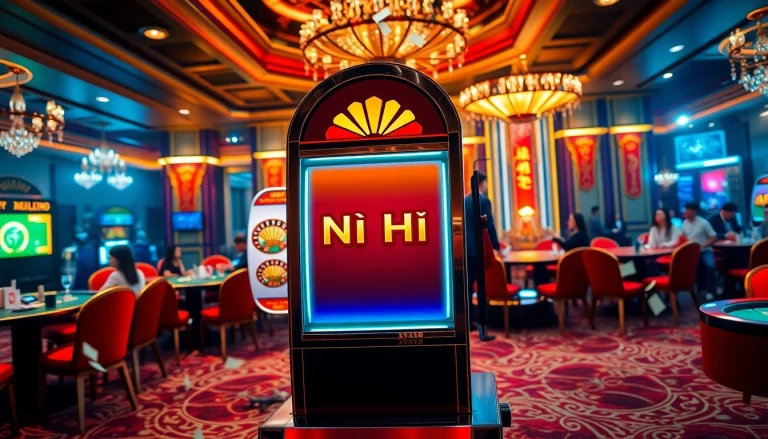 Nổ hũ slot machine surrounded by enthusiastic players in a luxurious casino setting.