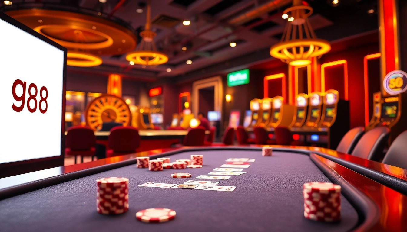 Experience the excitement of go 88 with a dynamic casino scene featuring poker chips, cards, and a roulette wheel.