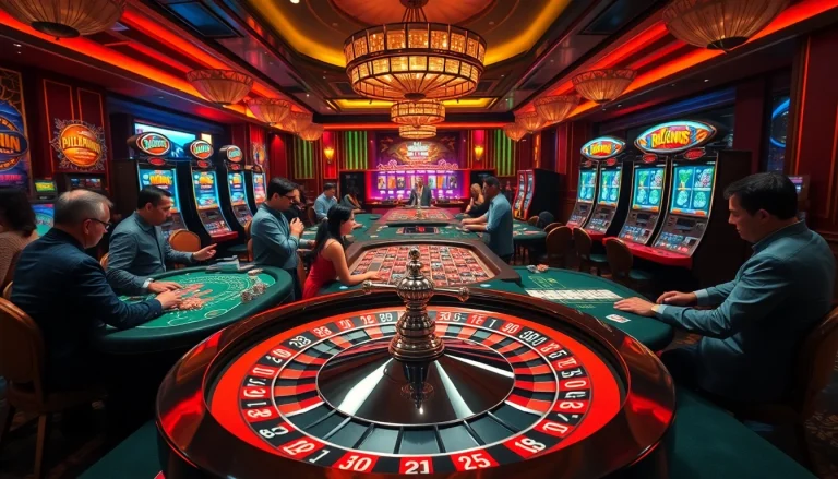 Players engaging at a lively casino scene from https://rr88.navy/, showcasing vibrant tables and poker chips.