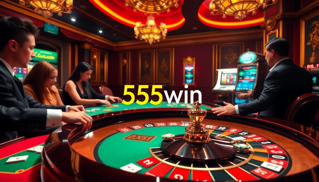 Exciting game at the 555win casino with players at a roulette table.
