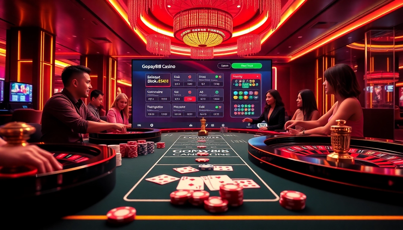 Engaging players at Gopay88 online casino table with vibrant action in a luxurious setting.