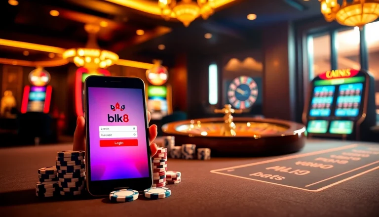 bk8 login interface displayed among vibrant casino elements like dice and chips