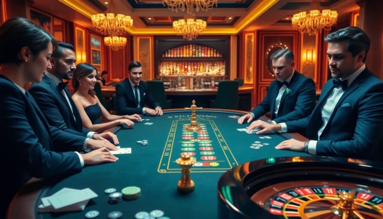 Immigration lawyer Sydney assisting gamblers in a vibrant casino scene with poker and roulette.