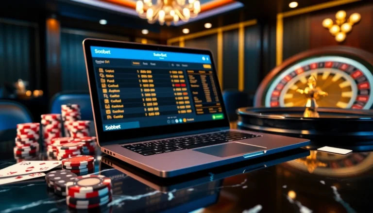 Sbobet betting interface displayed on an elegant casino table, highlighting the thrill of online gambling.