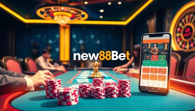 Experience the thrill of new88bet with players at a luxurious poker table in an exciting casino atmosphere.
