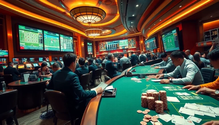Engaging scene illustrating แทงบอลยังไง with enthusiastic gamblers at sports betting tables in a vibrant casino atmosphere.