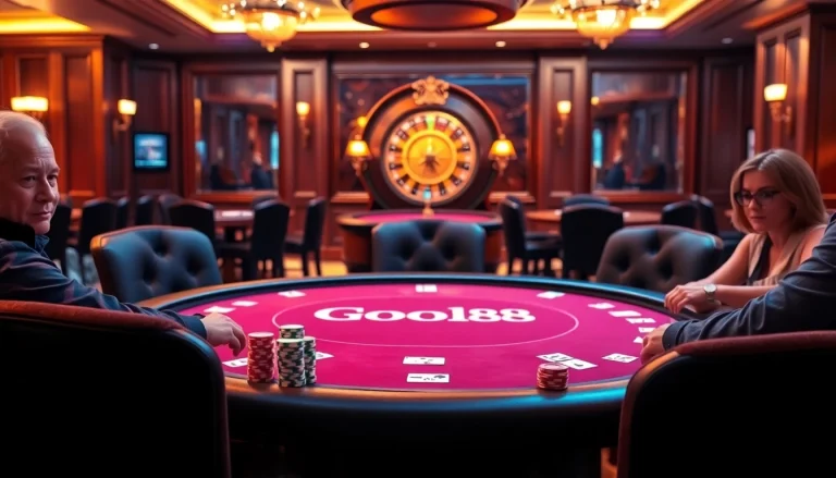 Experience thrilling poker games at GOOD88's elegant casino tables with vibrant chips and cards.