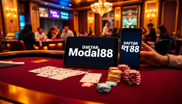 Engage with the excitement of Daftar Modal138 at a vibrant casino, showcasing cards and chips.