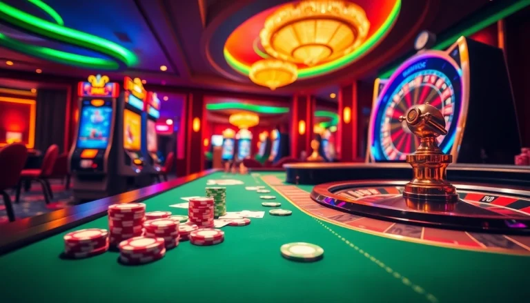 Experience thrilling gaming excitement at onicplay with vibrant casino visuals featuring slot machines and roulette tables.
