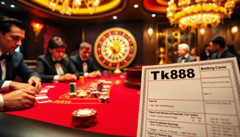 Players at a luxury casino table engaging in Tk88 bets amidst a vibrant atmosphere.