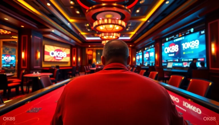 Experience the excitement of gambling at https://ok88.tech/ with players at a stylish poker table in a luxurious casino.