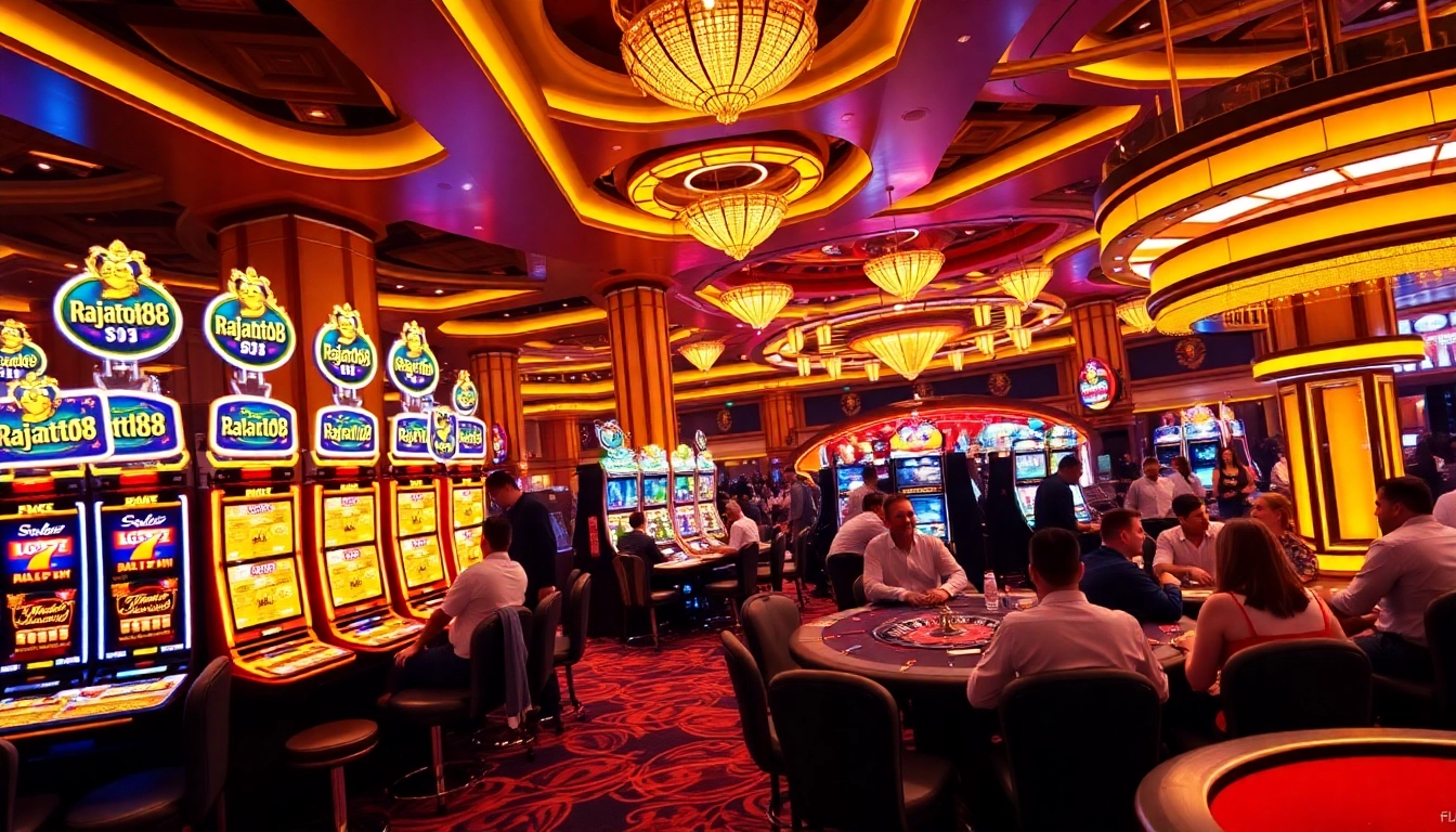 Players enjoying slot machines and poker at rajatoto88 casino, celebrating wins with excitement.