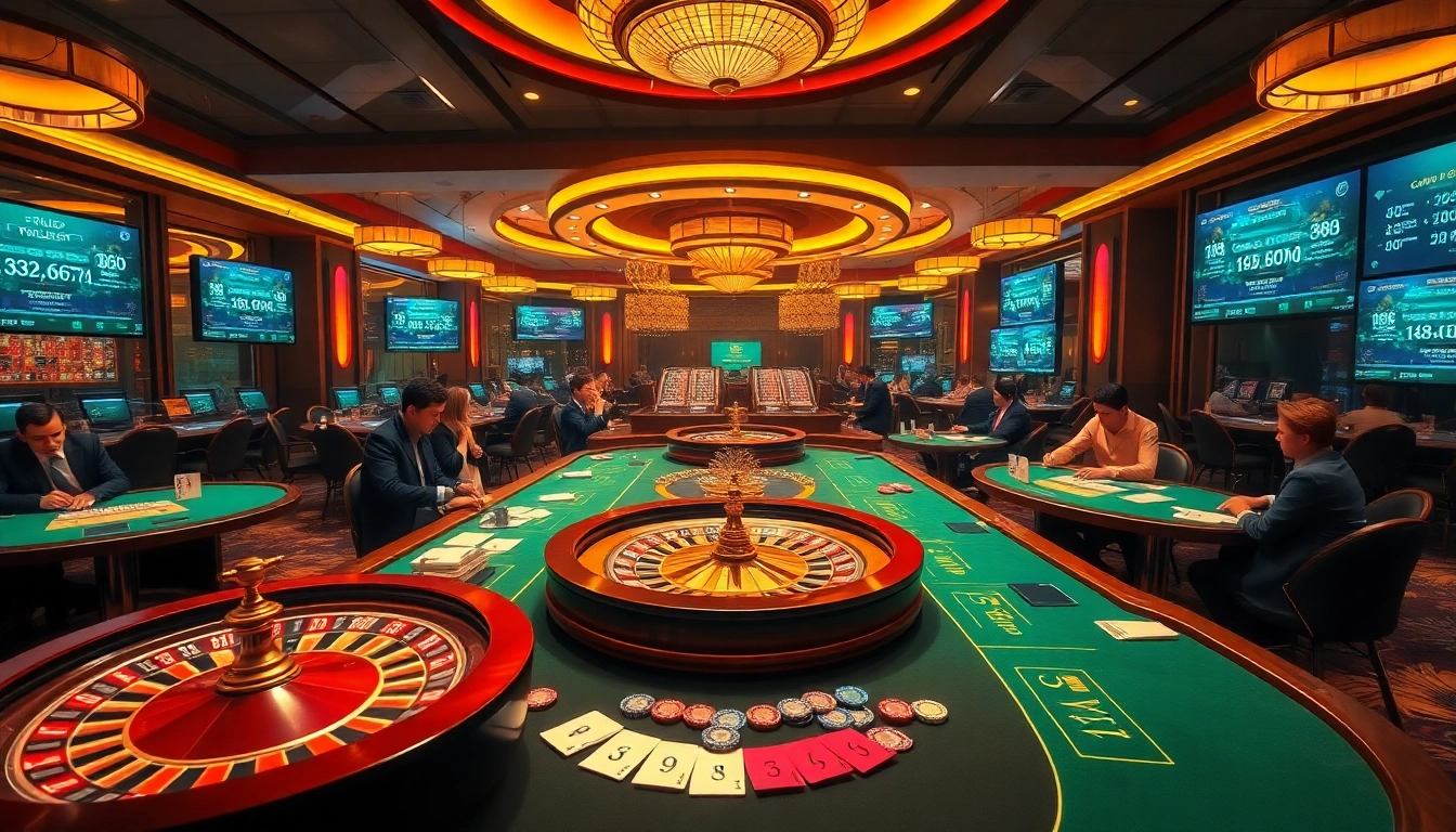 Enthusiastic gamblers enjoying games at nhà cái sa88's vibrant casino setup, highlighting excitement and strategy.