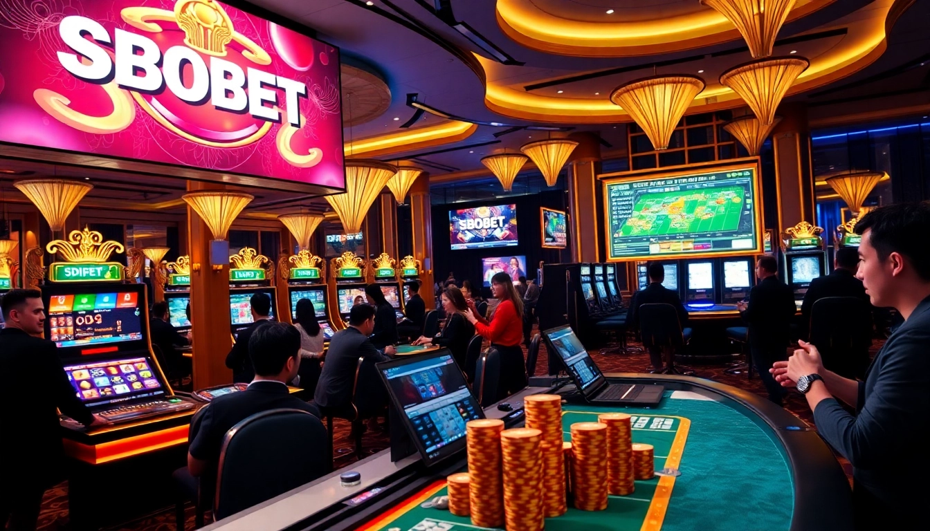 SBOBET online betting interface showing vibrant casino elements and enthusiastic gamblers at play.