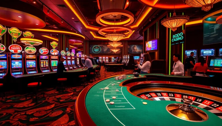 SODO Casino table with poker chips and vibrant slot machines creating an electrifying gaming atmosphere.