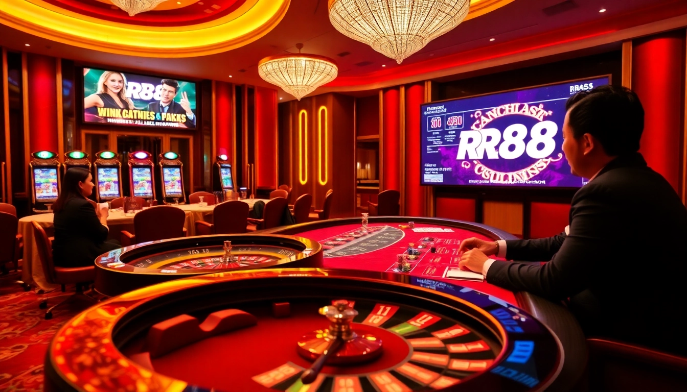 Exciting RR88 casino scene with players at a blackjack table and roulette wheel