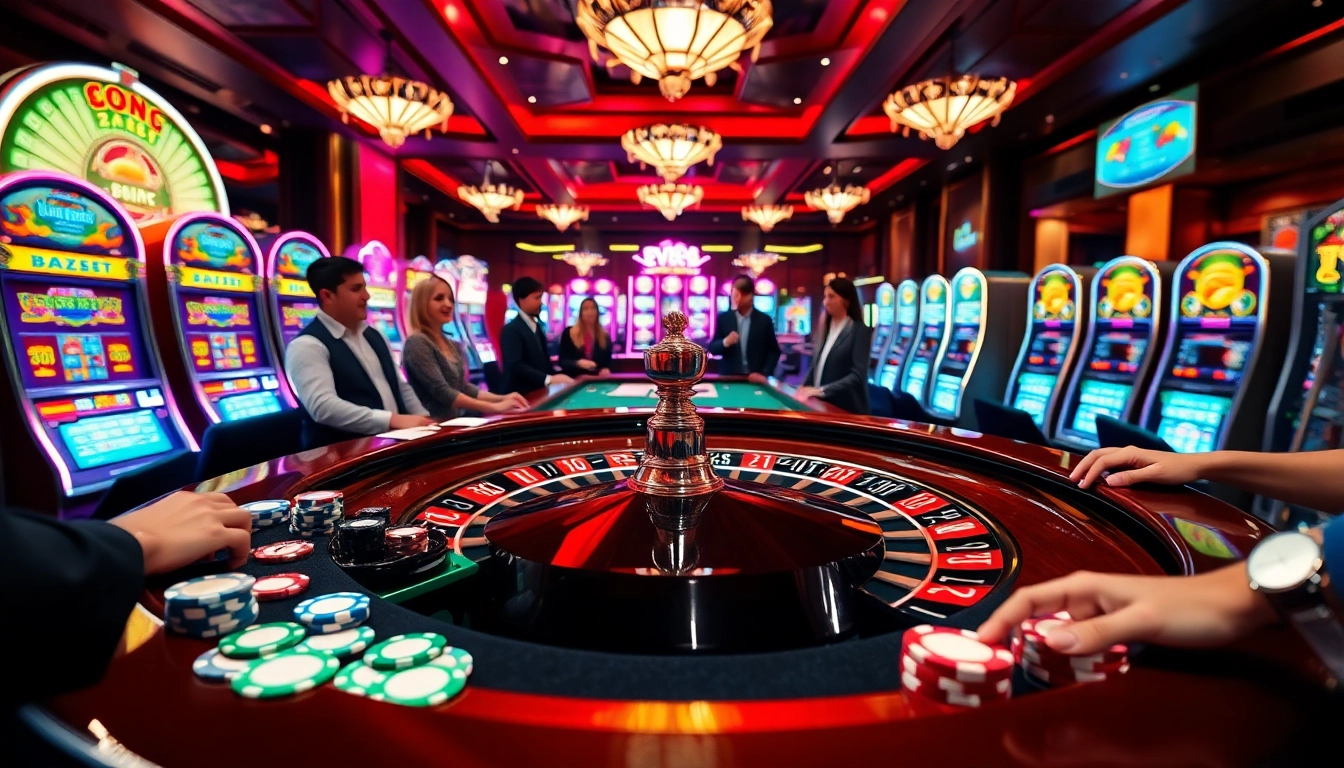 Players enjoying a thrilling game at ev88 casino's roulette table with vibrant colors and energy.