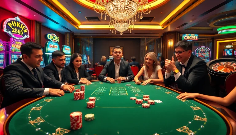 Players enjoying a thrilling poker game at OK365 casino table with vibrant atmosphere.