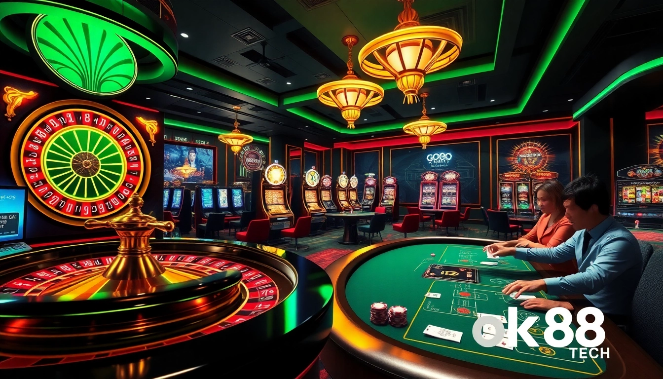 Experience thrilling online gaming at https://ok88.tech/ with luxurious casino visuals showcasing vibrant slot machines and roulette wheels.