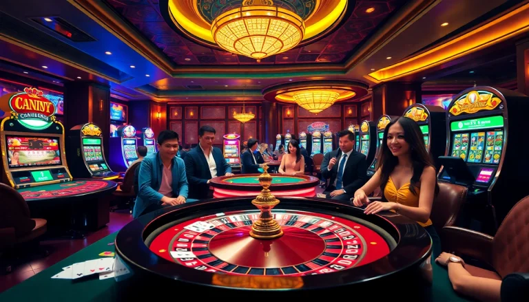 Gamblers enjoying a thrilling experience at nhà cái nova88 casino, surrounded by vibrant slot machines and roulette tables.
