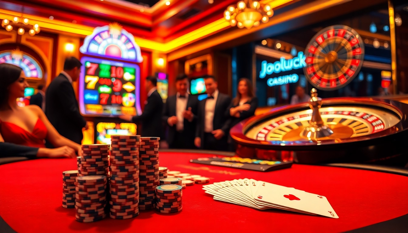 Players engaging in a high-stakes poker game at Jogoluck casino, showcasing excitement and luxury.
