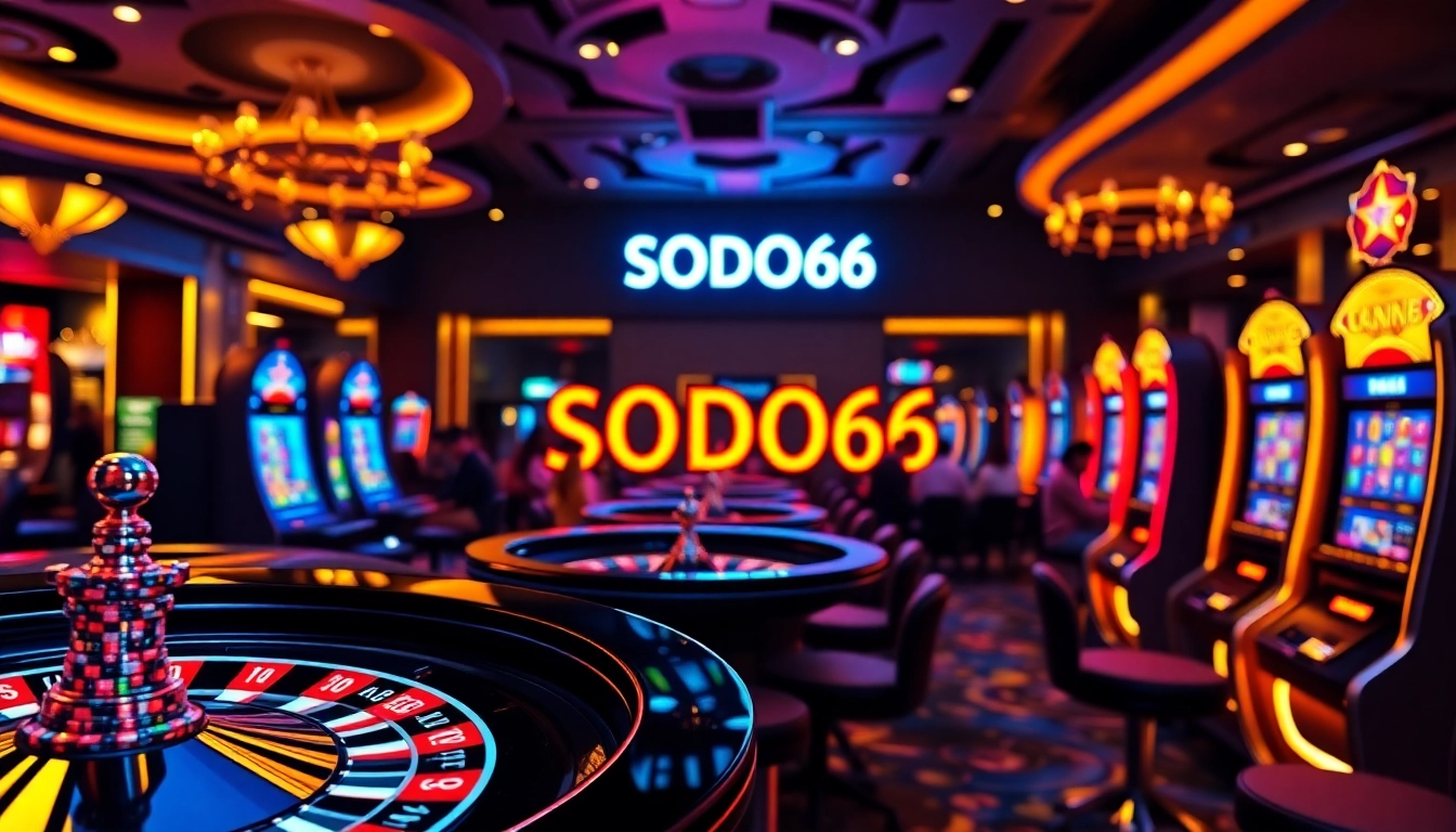 SODO66 players celebrating big wins at a vibrant online casino with roulette wheels and slot machines.