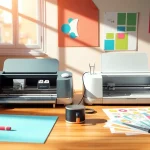 Comparative view of silhouette vs cricut machines in a colorful crafting workspace.