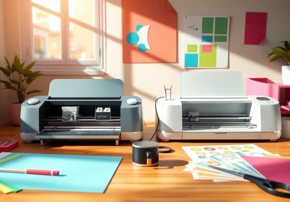 Comparative view of silhouette vs cricut machines in a colorful crafting workspace.
