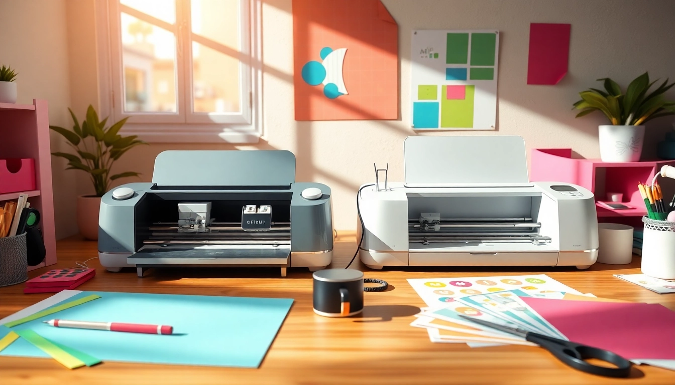 Comparative view of silhouette vs cricut machines in a colorful crafting workspace.