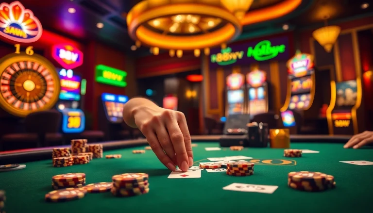 88vv poker gameplay scene with luxurious chips and cards, highlighting strategic bets.