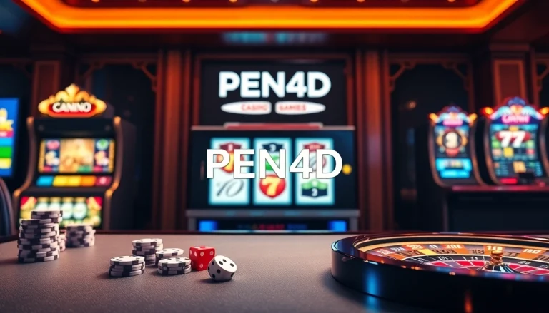 PEN4D slot machine spinning with vibrant colors and casino elements creating an energetic gambling atmosphere.