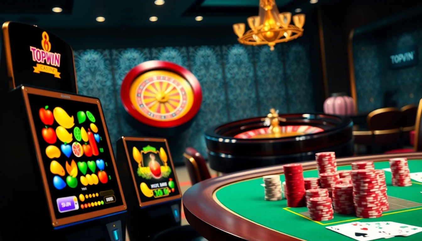 Topvin's thrilling online casino experience with vibrant slot machines and poker tables.