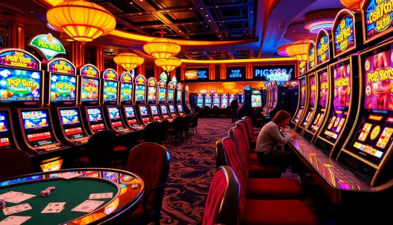 Experience the thrill of PG Slot demo gameplay with vibrant machines and eager players in a luxurious casino.