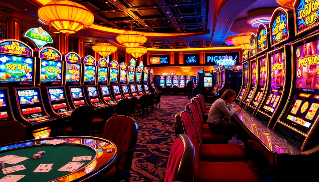 Experience the thrill of PG Slot demo gameplay with vibrant machines and eager players in a luxurious casino.