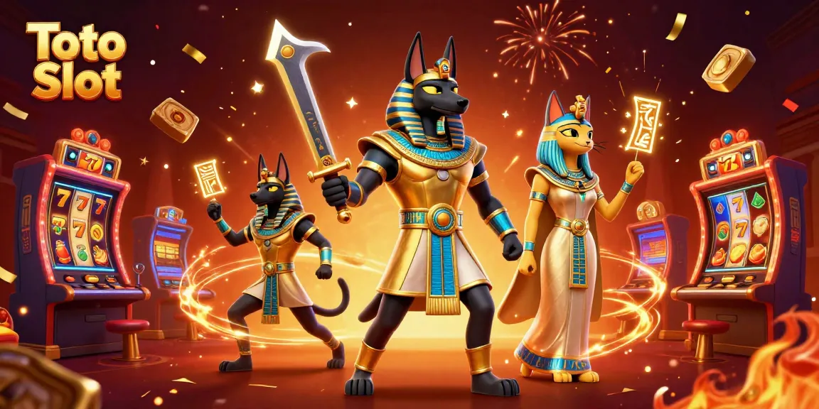 Spin the reels at Toto Slot with ancient deities celebrating amidst vibrant casino elements.